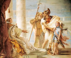 Aeneas představuje Dido Amora oblečeného jako Ascanius, Giambattista Tiepolo (1696-1770), freska, Pokoj Aeneid, Villa Valmarana 