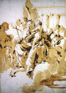 Madonna s dítětem s anděly, svatými a dítětem Janem Křtitelem (pero a hnědý inkoust a mytí na papíře) od Giovanni Battista Tiepolo