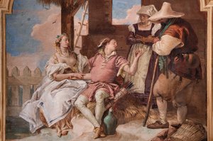 Palazzina (Malá budova): druhá místnost nebo místnost Ariosta s freskami představujícími epizody z "Orlando Furioso": "Angelica a Medoro v domě pastýřů" od Giovanni Battista Tiepolo