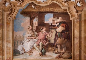 Palazzina (Malá budova): druhá místnost nebo místnost Ariosta s freskami představujícími epizody z "Orlando Furioso": "Angelica a Medoro v domě pastýřů" od Giovanni Battista Tiepolo