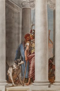Palazzina (Malá budova), vstupní hala: „Řecká flotila v Aulide“, detail představující psa a vojáka od Giovanni Battista Tiepolo