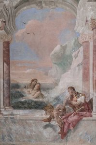 Palazzina (Malá budova): pohled na první místnost a její fresky představující epizody z Iliady: „Achilles v slzách, zatímco jeho matka Thetis se vynořuje z moře, aby ho utěšila“ od Giovanni Battista Tiepolo