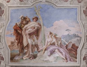 Palazzina (Kleines Gebäude): Ansicht des vierten Raums oder von Torquato Tasso, mit Fresken, die Episoden aus "Das befreite Jerusalem" darstellen: "Rinaldo, begleitet von Ubaldo und Carlo, verlässt Armida" von Giovanni-Battista Tiepolo