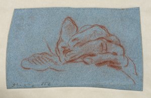 Studie levé ruky, asi 1750-1754 (červená křída s tupováním na modrém křídovém papíře) od Giovanni Battista (attr. to) Tiepolo