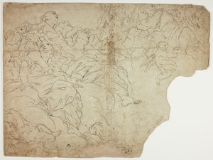 Svatí aneb alegorické postavy a putti na oblacích od Giovanni Battista Beinaschi