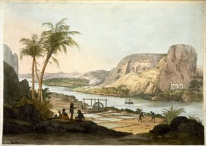 Vnější pohled na dva chrámy v Abu Simbel, z Desky ilustrující výzkumníky v Egyptě a Núbii, publikované 1822