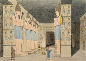 Pohled na vnitřek chrámu v Ybsombulu v Núbii, objevený Giovanni Belzonim, vyrytý Augustinem Agliem (1777-1857) deska 48 z `Plates Illustrative of the Researches in Egypt and Nubia,