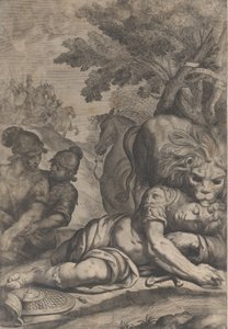 Lev na padlém jezdci vpravo, s dalšími dvěma vojáky vlevo, 1640-70.