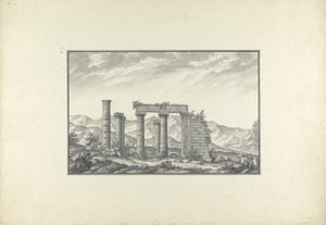 Pohled na ruiny iónského chrámu v Sardách, pravděpodobně Neptunův chrám, kolem roku 1750 (šedá barva, pero, inkoust a tužka na papíře) od Giovanni Battista Borra