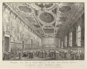 Dóže se vrací díky v Sala del Consiglio Maggior, 17631766.