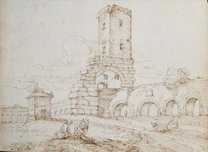 Postavy před akvaduktem (hnědý inkoust přes černou křídu na papíře) od Giovanni Battista Busiri
