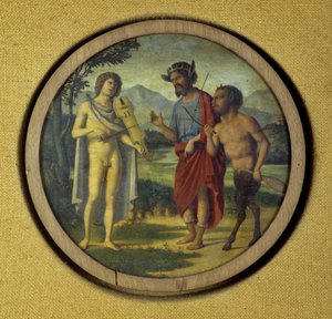 Kryt klávesového nástroje s ilustrací znázorňující Apollóna (s lyrou) a Marsyas od Giovanni Battista Cima da Conegliano