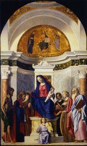 Panna a dítě se svatými Janem Křtitelem, Kosmou a Damiánem, Kateřinou a Pavlem, cca 1506-1507 od Giovanni Battista Cima da Conegliano