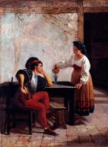 Mladý sluha v hostinci a voják Obraz Giovanni Battista Crosa (činný v letech 1859–1882) 1865 Rozměr 98x64 cm Genes, Galleria d