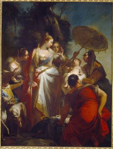 Objevení Mojžíše. (Nalezení Mojžíše). Faraonova dcera se rozhodne adoptovat nového nalezeného v koši poblíž Nilu (Egypt). Obraz Giovanni Battista Crosato (asi 1697-1758), olej na plátně, asi 1730. Italské umění (Benátky)