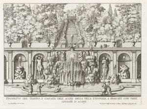 Cascade en Teatro delle Acque v de tuinen van de Villa Torlonia te Frascati Vyhlídka divadla a vodní kaskády Villa Ludovisia (...) (název na objektu) Fontány vil ve Frascati (název série) Fonteinen van Frascati (název série) od Giovanni Battista Falda