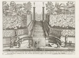 Kaskáda v de tuinen van de Villa Aldobrandini te Frascati Vodopád nad divadlem vily Aldobrandina di Belvedere ve Frascati (...) (název na objektu) Fontány vil ve Frascati (název série) Fonteinen van Frascati (název série) od Giovanni Battista Falda