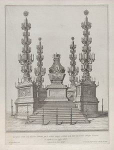 Katafalk pro papeže Klementa X.: centrální stavba vyvýšená na 15 stupňové plošině s c..., 1676.