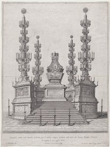 Katafalk pro papeže Klementa X., centrální stavba na vrcholu patnáctistupňové plošiny, s..., 1676.
