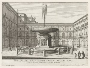Fontein v de Cortile del Belvedere ve Vatikánu Fontána na velkém nádvoří Vatikánského paláce (titul na objektu) Fontány Říma (název série) Fonteinen van Rome (název série) od Giovanni Battista Falda