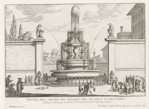 Fontein in de binnenplaats van Palazzo Taverna te Rome Fontána na nádvoří Mr. vévoda z Bracciano (titul na předmětu) Fontány Říma (název série) Fonteinen van Rome (název série) od Giovanni Battista Falda