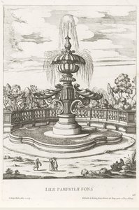 Fontána v zahradách Villa Doria Pamphilj v Římě Lilii Pamphylii fons (název na objektu) Le fontane ne palazzi e ne giardini di Roma (název série) Fontány v palácích a zahradách Říma (název série) od Giovanni Battista Falda