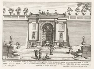 Fontein in de tuinen van de Villa Aldobrandini te Frascati Fontána a vyvýšenina nad cypřišovou alejí (...) (nadpis na objektu) Fontány vil ve Frascati (název série) Fonteinen van Frascati (název série) od Giovanni Battista Falda