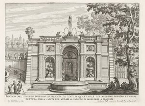 Fontein in de tuinen van de Villa Aldobrandini te Frascati Fontána ve druhém vchodu zdvojená ze stran (...) (nadpis na objektu) Fontány vil ve Frascati (název série) Fonteinen van Frascati (název série) od Giovanni Battista Falda