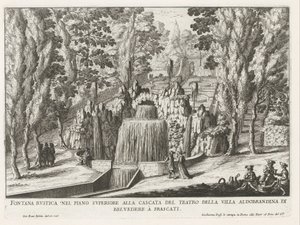 Fontein in de tuinen van de Villa Aldobrandini te Frascati Rustikální fontána v horním patře u vodopádu divadla (...) (titul na objektu) Fontány vil ve Frascati (název série) Fonteinen van Frascati (název série) od Giovanni Battista Falda