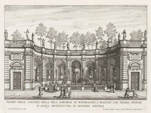 Fontein in de tuinen van de Villa Mondragone te Frascati Divadlo fontán vily Borghese z Mondragone ve Frascati (...) (název na objektu) Fontány vil ve Frascati (název série) Fonteinen van Frascati (název série) od Giovanni Battista Falda
