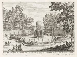 Fontein v de tuinen van de Villa Torlonia te Frascati Horní fontána na vrcholu schodiště a vodopád nad divadlem (...) (název na objektu) Fontány vil ve Frascati (název série) Fonteinen van Frascati (název série) od Giovanni Battista Falda