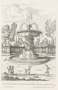 Fontein se setkal s dolfijnen v de tuinen van Villa Doria Pamphilj te Rome Fontána před knížecí bránou města Pamphylia (název na objektu) Le fontane ne palazzi e ne giardini di Roma (název série) Fonteinen in de paleizen en tuinen van Rome (název série od Giovanni Battista Falda
