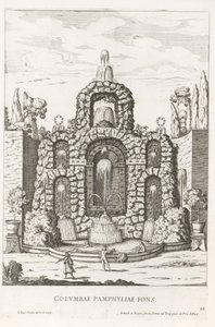 Fontána s holuby v zahradách Villa Doria Pamphilj v Římě Columbae Pamphyliae fons (název na objektu) Le fontane ne palazzi e ne giardini di Roma (název série) Fontány v palácích a zahradách Říma (název série) od Giovanni Battista Falda