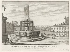 Fontein na náměstí Piazza del Quirinale v Římě Fontána na náměstí papežského paláce v Monte Cavallo (název na objektu) Fontány Říma (název série) Fonteinen van Rome (název série) od Giovanni Battista Falda