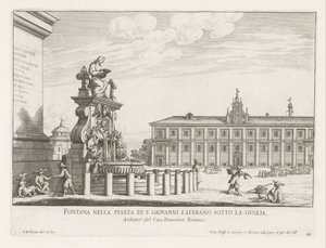 Fontein na náměstí Piazza di San Giovanni in Laterano te Rome Fontána na Piazza di S. Giovanni Laterano pod věží (název na objektu) Fontány Říma (název série) Fonteinen van Rome (název série) od Giovanni Battista Falda