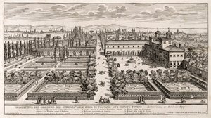 Perspektiva zahrad Villa Medici v Římě, rytina z Li Giardni (Zahrady) od Giovanniho Battisty Faldy (1640 nebo 1643-1678)