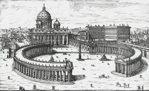 Vatikán, Pohled na Piazza San Pietro s bazilikou svatého Petra a Vatikánskými paláci, rytina Giovanni Battista Falda. 1665