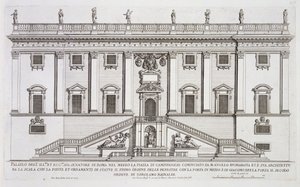 Pohled na fasádu Palazzo Senatorio na Piazza del Campidoglio v Římě, kterou začal Michelangelo Buonarroti (1475-1564) a dokončil Girolamo Rainaldi (1570-1655)