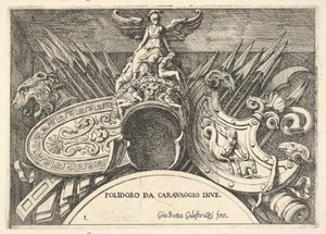 Deska 1: Trofeje římských zbraní z výzdoby nad okny ve druhém patře ..., 1656-58.