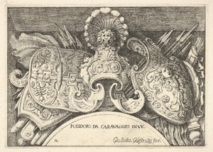 Deska 2: Trofeje římských zbraní z výzdoby nad okny ve druhém patře ..., 1656-58.