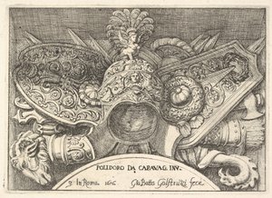 Deska 3: Trofeje římských zbraní z výzdoby nad okny ve druhém patře ..., 1656.