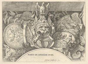Deska 4: Trofeje římských zbraní z výzdoby nad okny ve druhém patře ..., 1656-58.