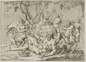 Silenus ležící s kozami a satyry