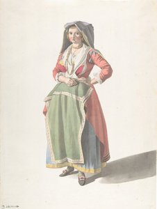 Mladá žena stojící v tradičních neapolských šatech, ca. 1775-1821.