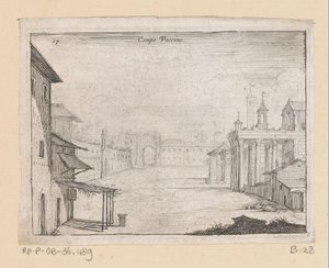 Pohled na Forum Romanum v Římě Campo Vaccino (název na objektu) Pohledy na Řím (název série) Alcune vedute et prospettive di luoghi dishabitati di Roma (název série) od Giovanni Battista Mercati