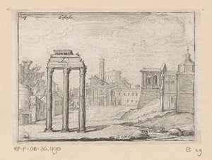 Pohled na Forum Romanum v Římě Listesso (název na objektu) Pohledy na Řím (název série) Alcune vedute et prospettive di luoghi dishabitati di Roma (název série) od Giovanni Battista Mercati