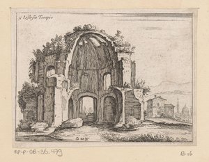 Pozůstatky chrámu Minerva Medica v krajině Listesso Tempio (název na objektu) Pohledy na Řím (název série) Alcune vedute et prospettive di luoghi dishabitati di Roma (název série) od Giovanni Battista Mercati