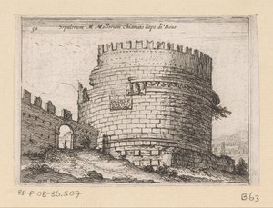 Tombe van Caecilia Metella te Rome Sepulcrum M. Mallorum s názvem Cape of Boue (název na objektu) Gezichten op Rome (název série) Některé pohledy a perspektivy neobydlených míst v Římě (název série) od Giovanni Battista Mercati