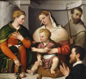 Madona s dítětem se svatou Kateřinou, sv. Františkem a donátorem, kolem 1550 (olej na plátně) od Giovanni Battista Moroni