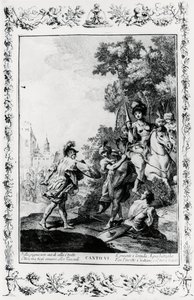 Duel mezi Ottonem a Tancredi za přítomnosti Clorindy, zpěv VI, Jeruzalém doručen od Giovanni Battista Piazzetta